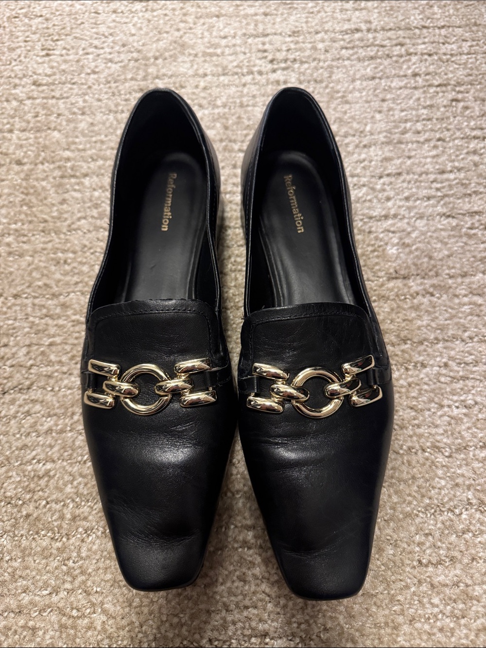 Never Worn Reformation Black Leather Chain-Trim Loafers